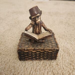 Brown Ceramic Reading Monkey Keepsake Box 4"X3"